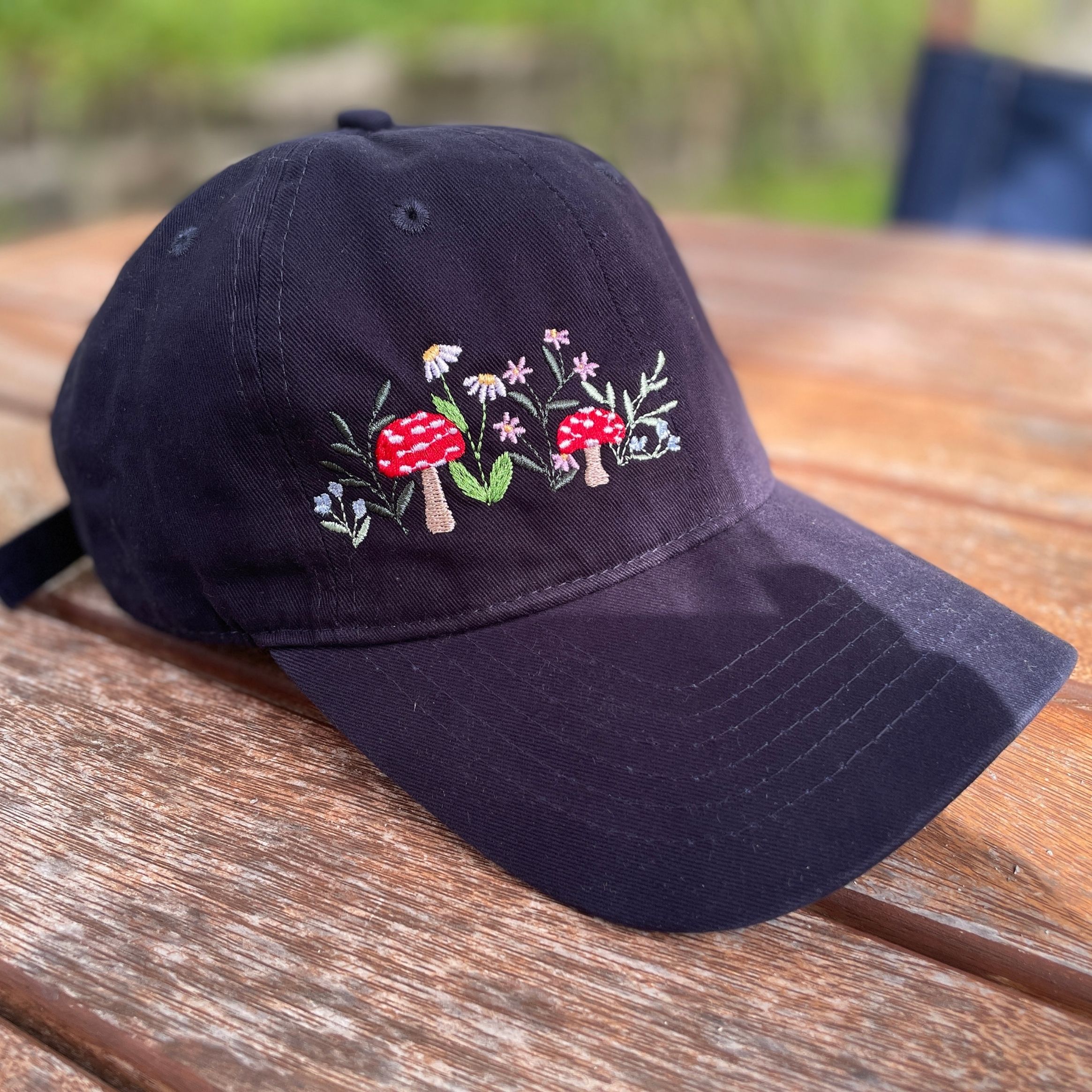 Home embroidered mushroom cotton baseball cap – soft unstructured fit