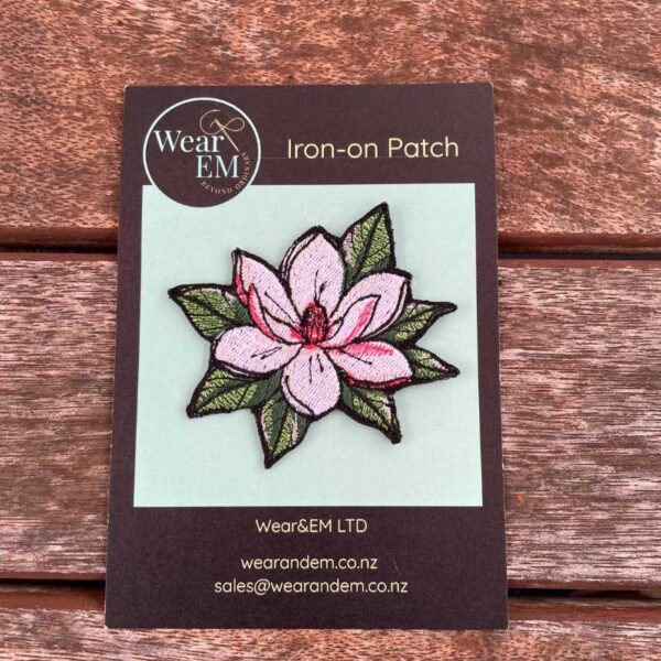 white magnolia embroidered iron on patch – minimal floral design