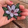 white magnolia embroidered iron on patch – minimal floral design