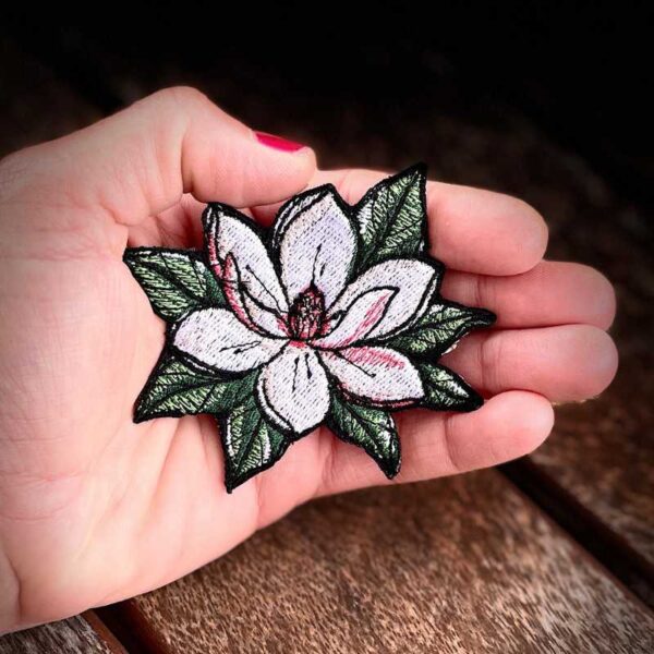 white magnolia embroidered iron on patch – minimal floral design