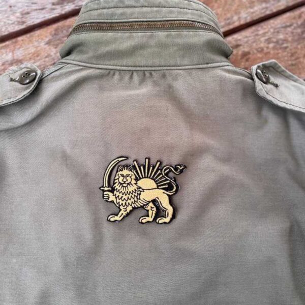 lion and sun embroidered patch, shir o khorshid iran symbol, iron on persian heritage badge for jacket, vest or backpack