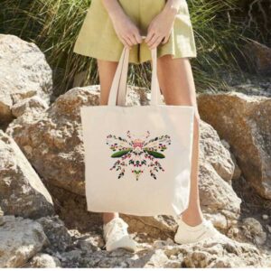 floral insect embroidered cotton tote bag