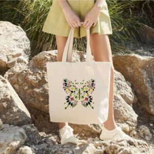 floral insect embroidered cotton tote bag