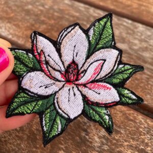 white magnolia embroidered iron on patch – minimal floral design