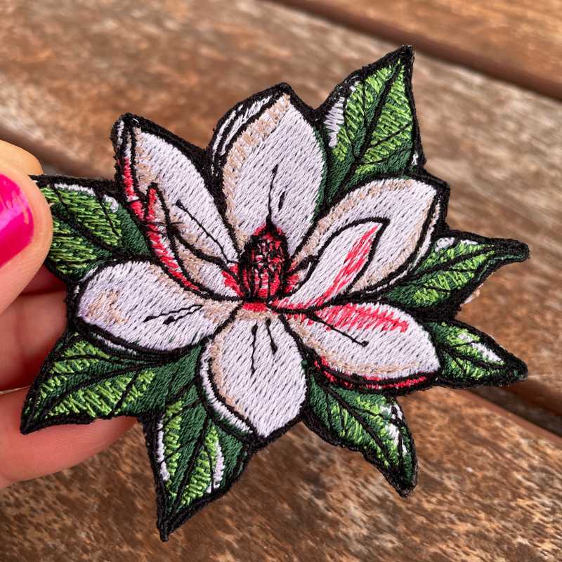 Home white magnolia embroidered iron on patch – minimal floral design