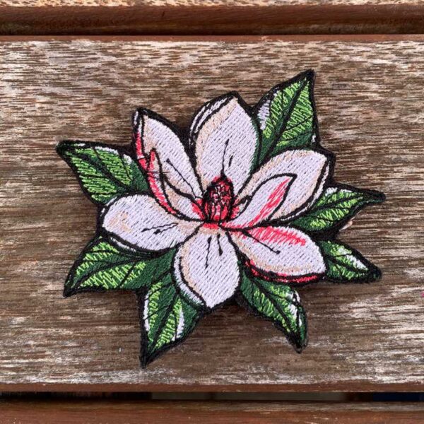 white magnolia embroidered iron on patch – minimal floral design