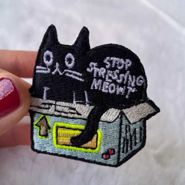 black cat in box embroidered iron on patch – funny cat design