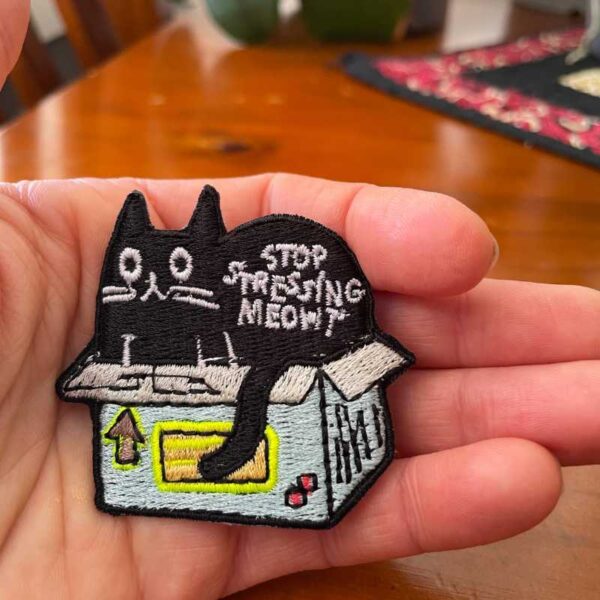 black cat in box embroidered iron on patch – funny cat design