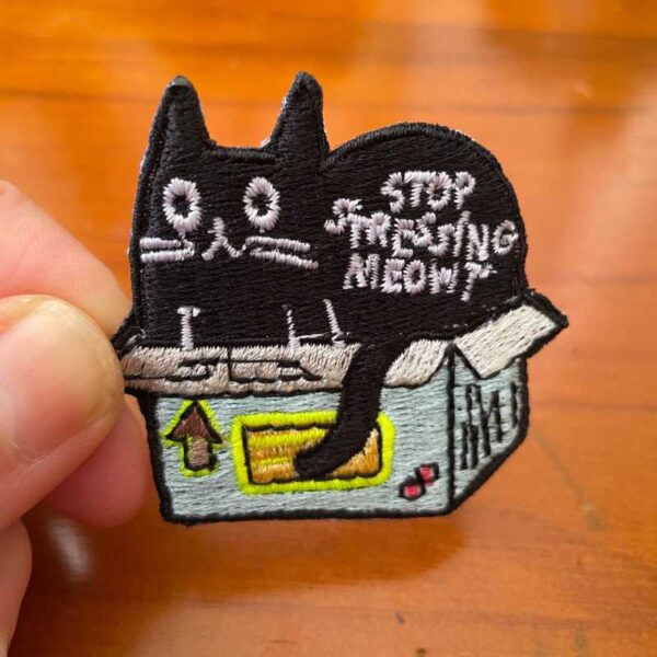 black cat in box embroidered iron on patch – funny cat design