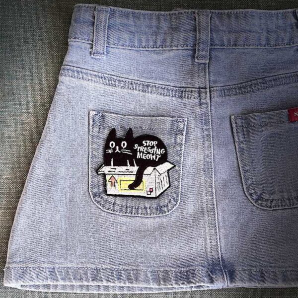 black cat in box embroidered iron on patch – funny cat design