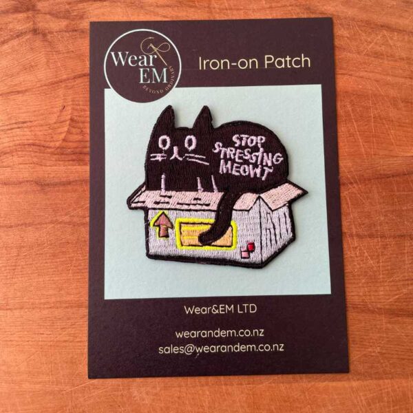 black cat in box embroidered iron on patch – funny cat design