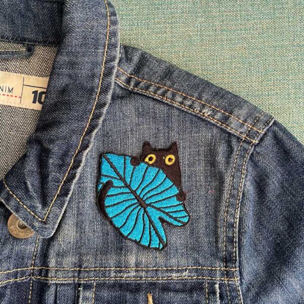 cat with leaf embroidered patch, iron on applique for jacket backpack or gift