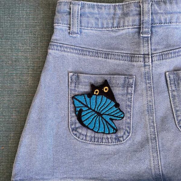 cat with leaf embroidered patch, iron on applique for jacket backpack or gift