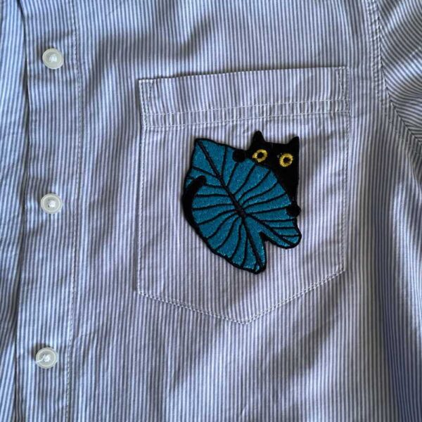 cat with leaf embroidered patch, iron on applique for jacket backpack or gift