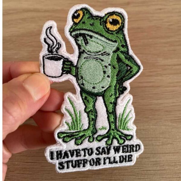 frog coffee embroidered patch, funny meme iron on applique for jacket or bag