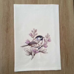 birds and blooms chickadee embroidered tea towel | 100% cotton flour sack kitchen towel