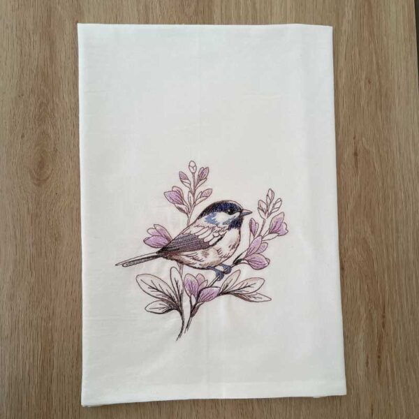 birds and blooms chickadee embroidered tea towel | 100% cotton flour sack kitchen towel