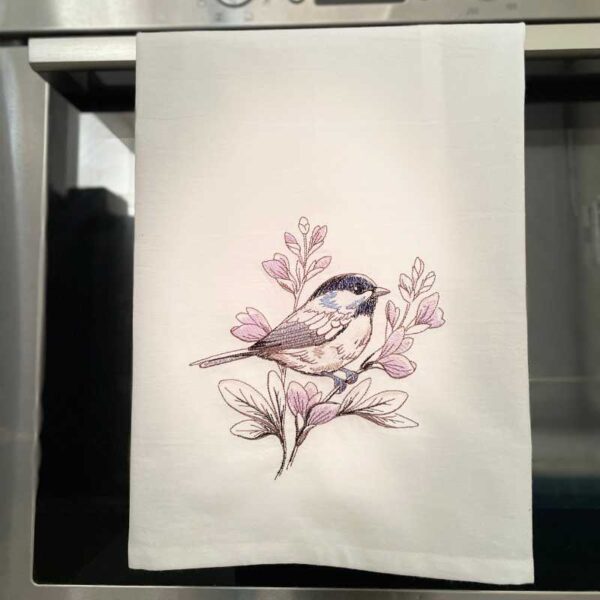birds and blooms chickadee embroidered tea towel | 100% cotton flour sack kitchen towel