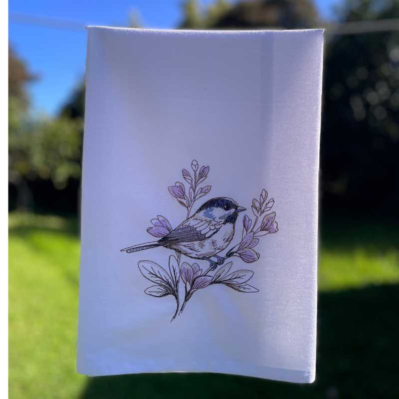 birds and blooms chickadee embroidered tea towel | 100% cotton flour sack kitchen towel