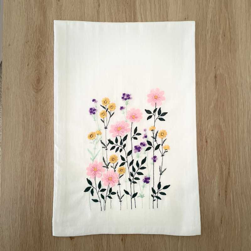 wildflower embroidered tea towel | 100% cotton flour sack kitchen towel