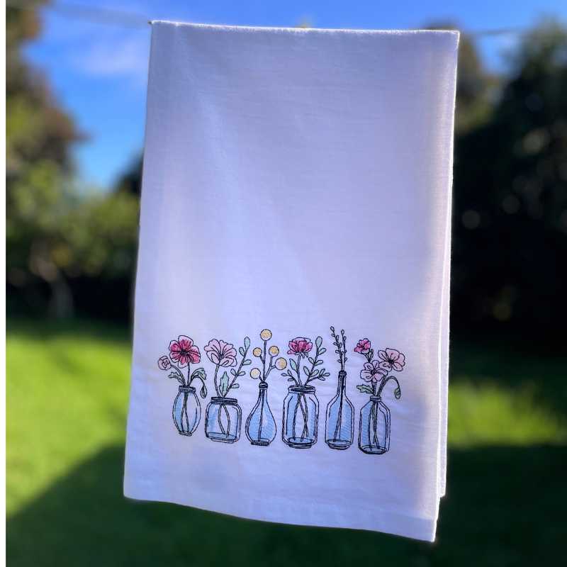 farmhouse flowers embroidered tea towel | 100% cotton flour sack kitchen towel